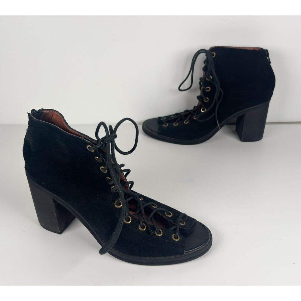 Jeffrey Campbell Cors Lace Up Bootie Sandal Black Suede Corset Open Toe Heel 9